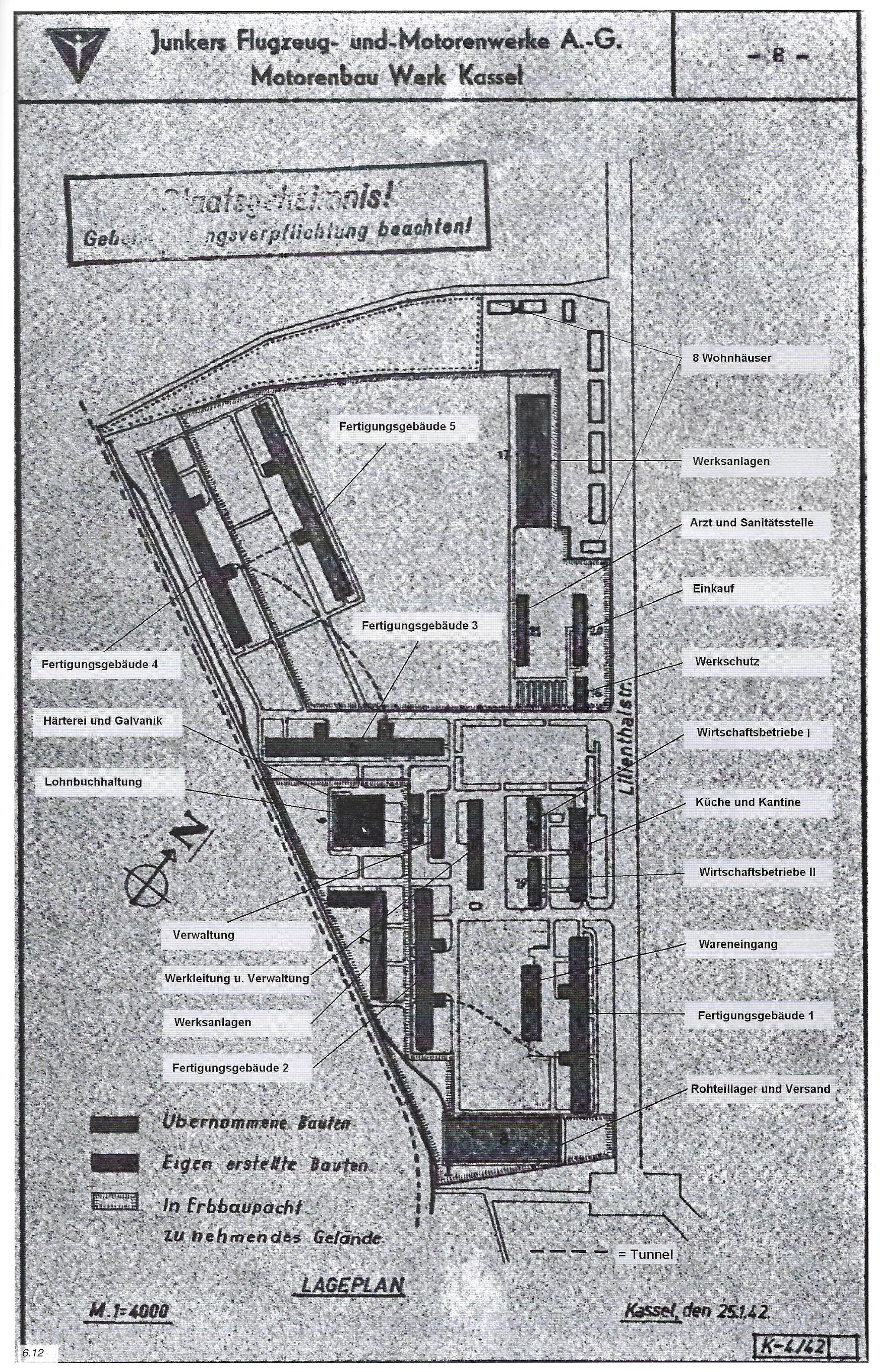 Junkers Flugzeug- und Motorenwerke A.-G., Motorenbau Werk Kassel: Werksgelände im Januar 1942 (Nagel, Bauer, S. 287)